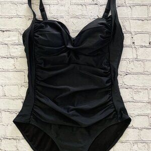 Island Pearls‎ Black Shirred Slimming 1 Piece Swimsuit Size 16 Adjustable Strap